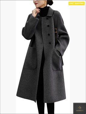 Wool Pea Coat Elegant Classic Slim Fit Midi Long Winter Trench Coat